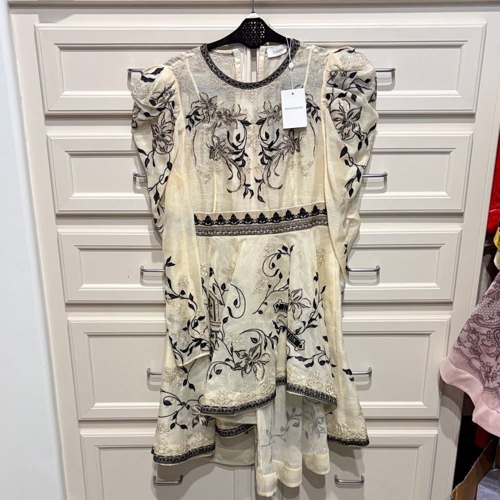 Zimmermann Ivory Dress with Black Floral Embroidery